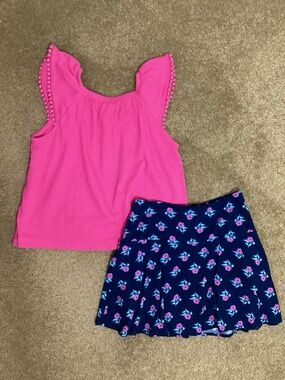 Crewcuts JCrew S 6-7 Girl Bright Pink Ruffle Sleeve Top Navy Floral Skort Skirt